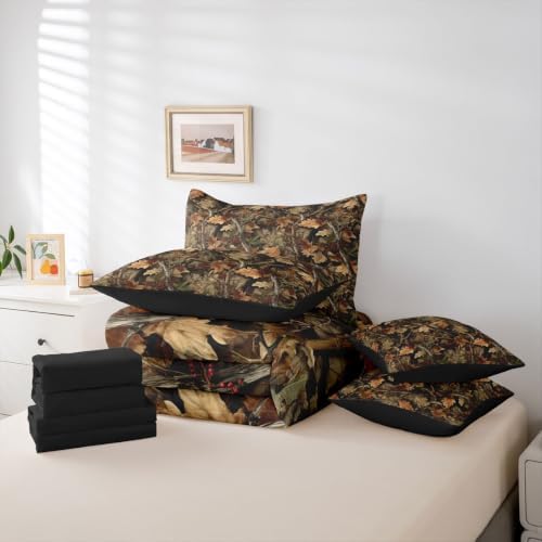 Erosebridal Berry Leaf Camouflage Bedding Set Full Hunting Woodland Camo Comforter Set 7 Piece Country Forest Plants Bed in A Bag for Kids Rustic Botanical Leaves Quilt with Flat Fitted Sheet