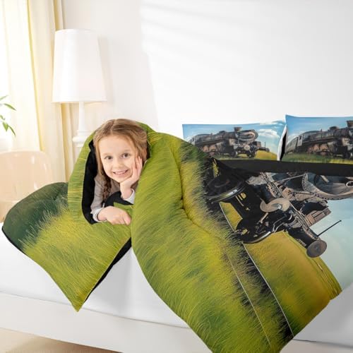 Erosebridal Train Comforter Sets Twin Size Retro Steam Engine Bedding Set for Kids Boys Teens,Railway Track Transport Duvet Sets,Green Grass Blue Sky Down Comforter with 1 Pillow Case