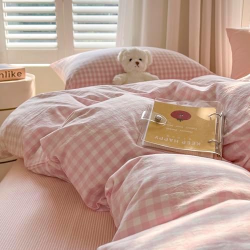 mixinni Light Pink Gingham Comforter Set Queen - 3 Piece Plaid Bedding Set, All-Season Soft Washed Cotton, Farmhouse Grid Pattern, Includes 1 Comforter & 2 Pillow Shams for Women Men