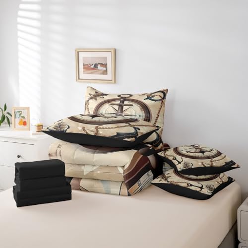Erosebridal 7Pcs Nautical Anchor Comforter Set King Size,Vintage Compass Bedding Set for Kids Boys Girls,Sailboat Ocean Ship Bed in A Bag,Retro Brown Sheet Set with Comforter