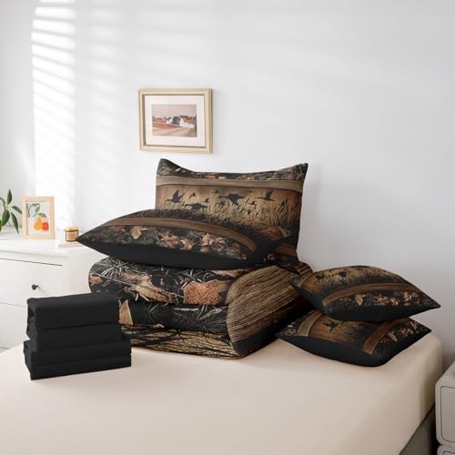 Erosebridal 7 Piece Camo Mallard Duck Comforter Set with Sheets for Kids Boys Men Rustic Farmhouse Cabin Bed in A Bag Twin,Hunting Woodland Duck Bedding Set Country Wood Board Animal Bed Set