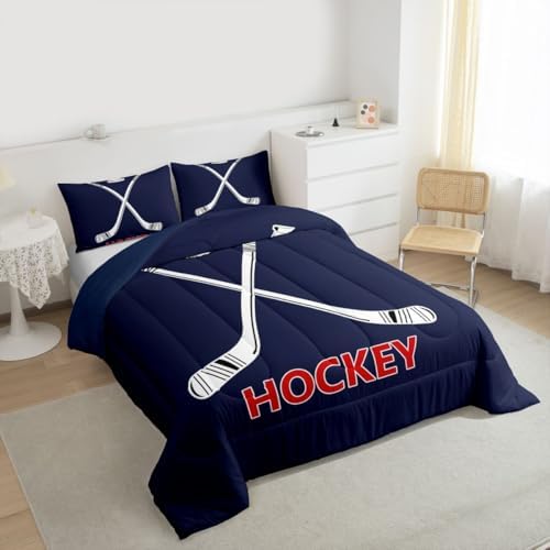 Ice Hockey Comforter Set King Size,Abstract White Hockey Cue Bedding Set 3pcs for Kids Boys Men Room Decor,Ball Sports Gaming Quilt Set Modern Navy Blue Duvet Insert,2 Pillowcases