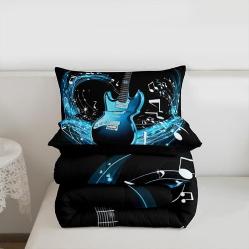 Erosebridal Guitar Comforter Set Twin,Blue Music Notes Down Comforter Rock Musical Bedding Set for Kids Boys Girls Teens,Cool Electric Instrument Hiphop Hippie Quilt Duvet Set 1 Pillow Case Black