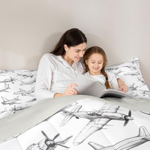 Homewish Airplane Comforter Set Queen Size Aircraft Bedding Set 3Pcs for Kids Girls Boys Teens Bedroom Decor Black White Sketch Print Quilt Set Flying Theme Duvet Insert,2 Pillowcases