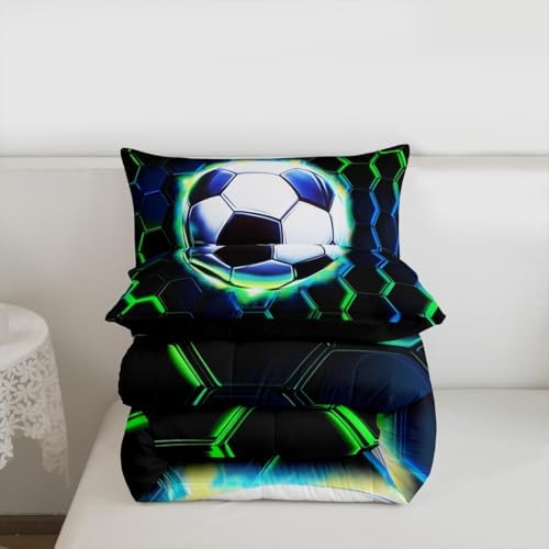 Football Kids Bedding Set King Size,Soccer Game Ball Sports Comforter Set,Geometric Honeycomb Hexagon Quilt Comforter,Black Green Bedroom Duvet Insert,2 Pillowcases