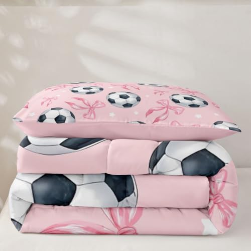 Coquette Soccer Comforter Set Toddler Size,Pink Ribbon Bowknot Bedding Sets 2Pcs for Kids Girls Boys Room Decor,Cute Stars Pattern Quilted Duvet Sports Bow Game Down Comforter,1 Pillowcase