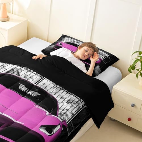 Feelyou Boys Pink Race Car Comforter Set King Size Pink Luxury Car Bedding Set for Kids Boys Girls Extreme Sports Duvet Quilt Fast and Furious Bedroom Decor 3 Pcs with 2 Pillow Cases