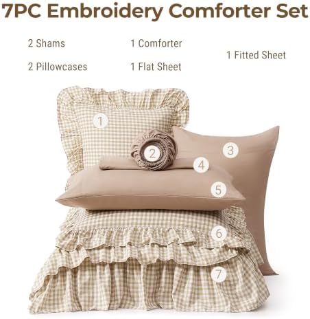 AMBERSPACE Full Size Comforter Set Gingham Ruffle Tan 7 Pieces Bed in a Bag