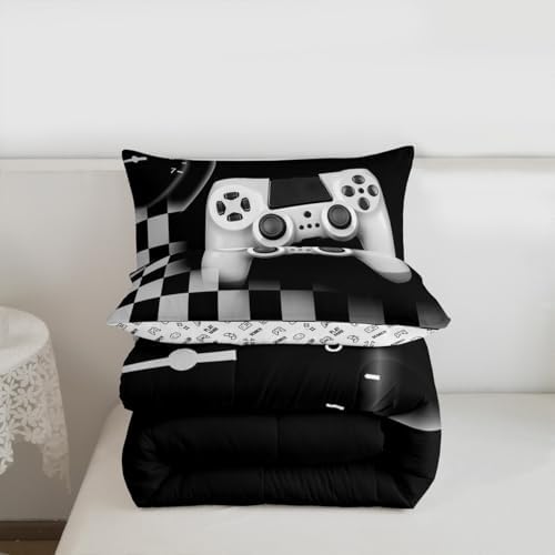 Erosebridal Gamer Comforter Set King,Gaming Bedding Set for Kids Teens,Black and Grey Buffalo Plaid Reversible Duvet Insert,Novelty Gamepad Pattern Down Comforter with 2 Pillow Shams Lightweight