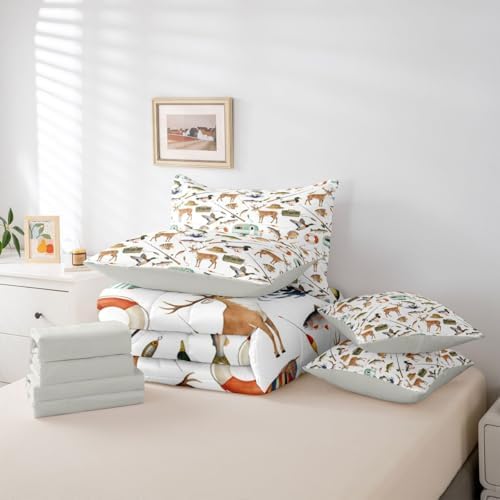 Erosebridal Hunting and Fishing 7 Piece Bed in A Bag Queen Comforter Set Mallard Duck Deer Hunting Bedding Set Boys Bass Fish Camper Car Sheet Set with Comforter Rustic Cabin Lake House Wild Quilt