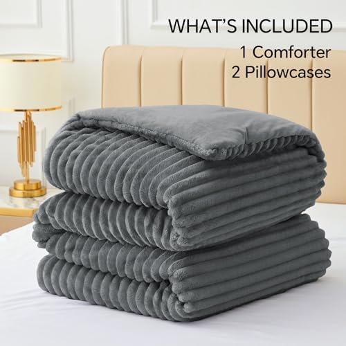 BEDELITE Fleece King Comforter Set, Fluffy Bed Set, Grey