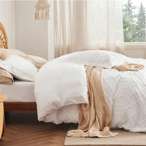 Bedsure Boho Duvet Cover King, Vintage Tufted Bedding, 4-Piece, White