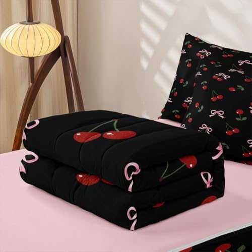 Feelyou Bows Cherry Summer Comforter Set Twin Size Kids Bed in a Bag