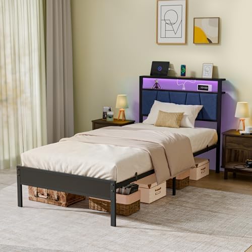 Z-hom Easy Assembly Twin Bed Frame with Charging Station&LED Light