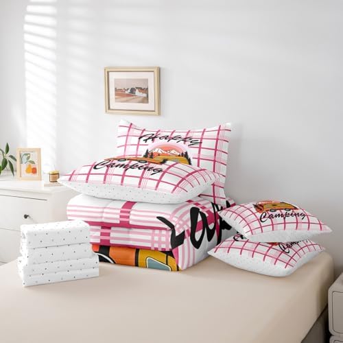 Erosebridal Happy Camping Comforter Set Full Size,Cartoon RV Bedding Set for Kids Teens,Pink Buffalo Plaid (Comforter+Fitted+Flat Sheet+2 Pillowcases+2 Throw Pillow Covers) 7 Pieces Bed Set