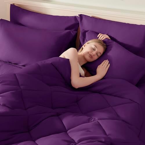 ELNIDO QUEEN® Full Comforter Set Purple- 7 Pieces Bed in a Bag Full Size, Bed Set for All Seasons, Ultra Soft Bedding Sets with Comforter, Flat Sheet, Fitted Sheet, Pillowcases and Pillow Shams
