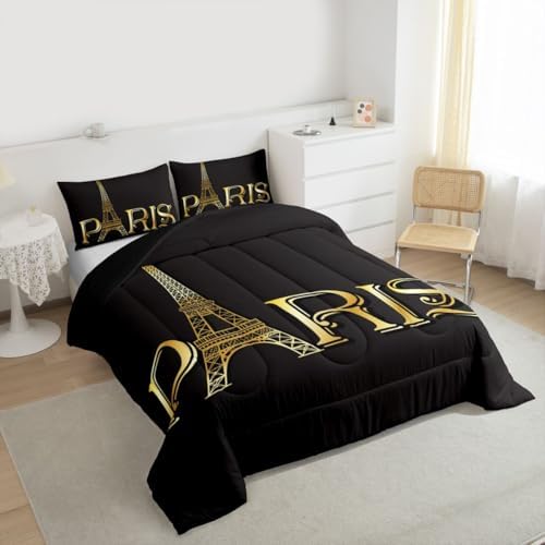Erosebridal Eiffel Tower Comforter Set, City Building of Paris Bedding Set Queen Size, Gold Black Duvet Sets for Kids Boys Girls Teens Bedroom, Soft Microfiber Bedding Comforters with 2 Pillow Cases