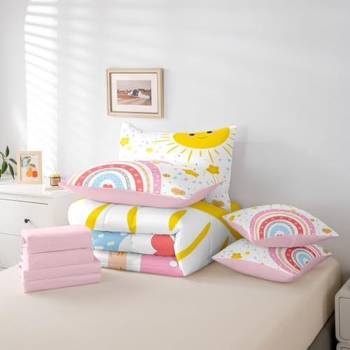 Erosebridal Rainbow Girlsbed in A Bag with Sheets Cute Sun Bedding Set for Kids Teen Colorful Kawaii Rainbow King Comforter Set 7 Piece Cartoon Stars Love Heart Bed Set Bedroom Decor