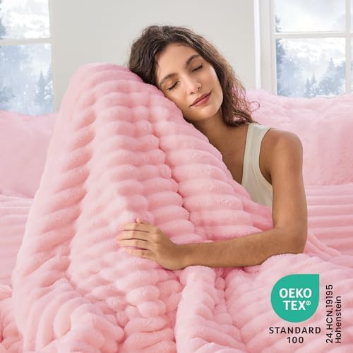 Sasttie Fluffy King Comforter Set, 3-Piece Soft Fleece Bedding, Pink