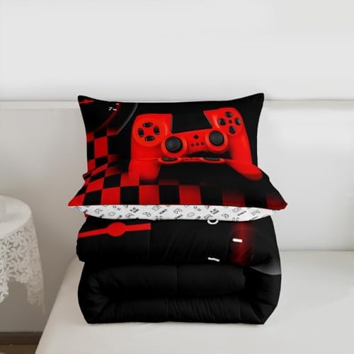 Gamer Comforter Set for Boys Teen Gaming Bedding Set Video Game Controller Home Decor for Men Child Buffalo Plaid Check Down Comforter Full Size 3 Pcs Duvet Set with 2 Pillow Shams,Black Red Geometric