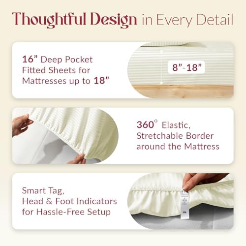 Mayfair Linen 100% Egyptian Cotton Full Size Sheet Set - Luxury 800 Series Striped Egyptian Cotton Sheets Full Size (4 PC, Ivory Stripe), Silky Soft Cooling 16" Deep Pocket Damask Hotel Bed Sheets