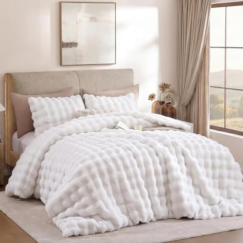 YIKUSH Queen Faux Fur Soft Comforter Set, Fluffy White Rabbit Fur Comforter