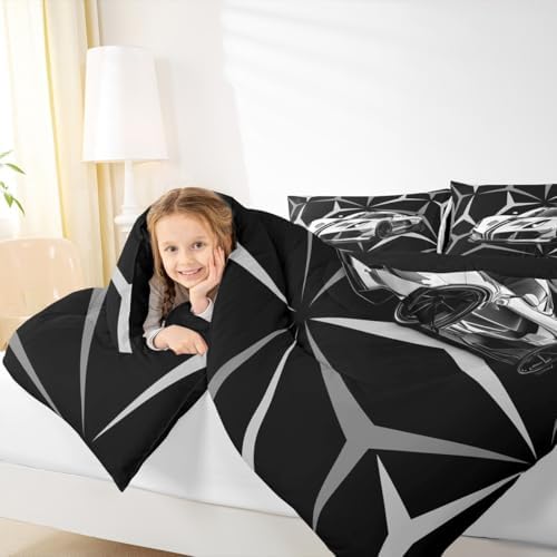 Castle Fairy Grey Race Car Bedding Set King Size,Racing Cars Extreme Sports Comforter Set for Adult Men Bedroom,Speed Sport Car Abstract Art Ultra Soft Bedding Set with 2 Pillowcases,3Pcs