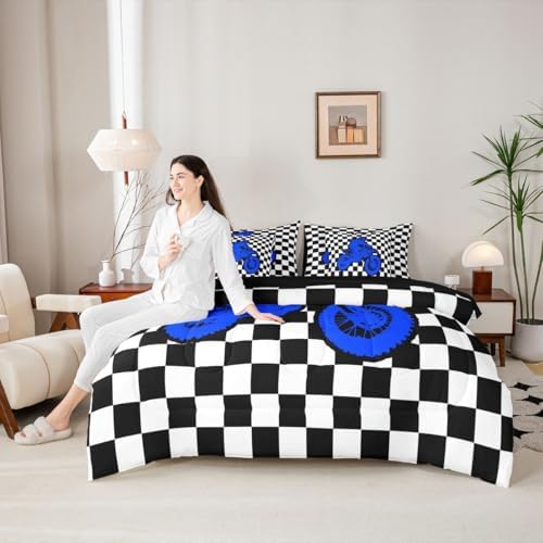 Feelyou Red Motocross Rider Twin Comforter Set with Sheets for Kids Boys Girls Sporty Rider 7 Pieces Bedding Set Checkered Flag Bed in a Bag Off-Road Racing Room Decor Dirt Bike Soft Lightweight