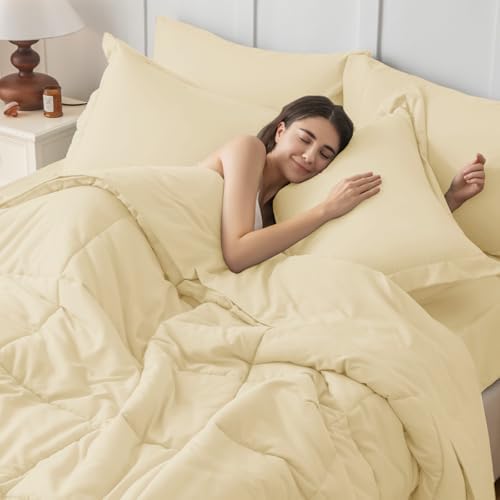 JOLLYVOGUE California King Comforter Set, Ultra-Soft Bed in a Bag Cal King Size 7 Pieces, Oeko-TEX Certified Bedding Set with Down Alternative Comforter, Sheets, Pillowcases & Shams, Light Yellow
