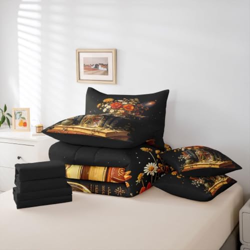 Erosebridal Bookshelf 7 Piece Bedding Set Full Floral Comforter Set with Sheets Vintage Book Bed in a Bag Mysterious Art Bed Sets Comforter