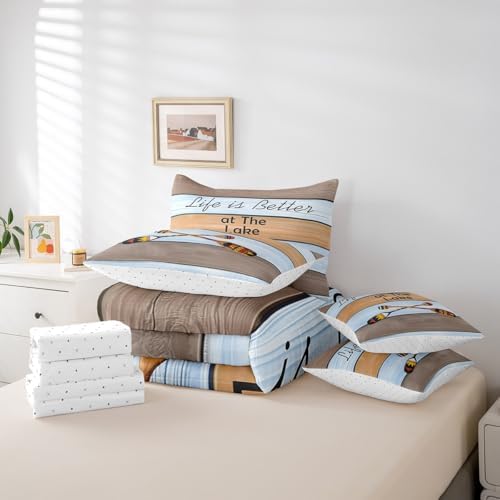 Erosebridal Rustic Boat Paddle Bedding Set for Kids Teens,Lake Life Comforter Set Full Size,Wooden Plank (Comforter+Fitted+Flat Sheet+2 Pillowcases+2 Throw Pillow Covers) 7 Pieces Bed Set