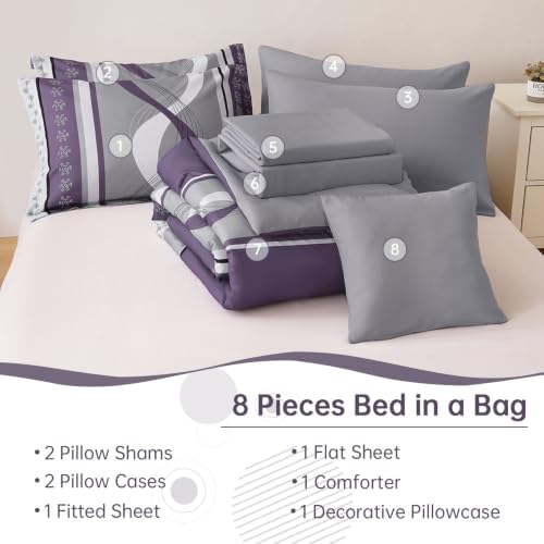Grey Purple Comforter Set Queen Size,8 Piece Patchwork Striped Bed in a Bag