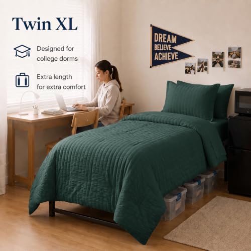 CozyLux Twin XL Comforter Set 5 Pieces Forest Green Seersucker Bed in a Bag