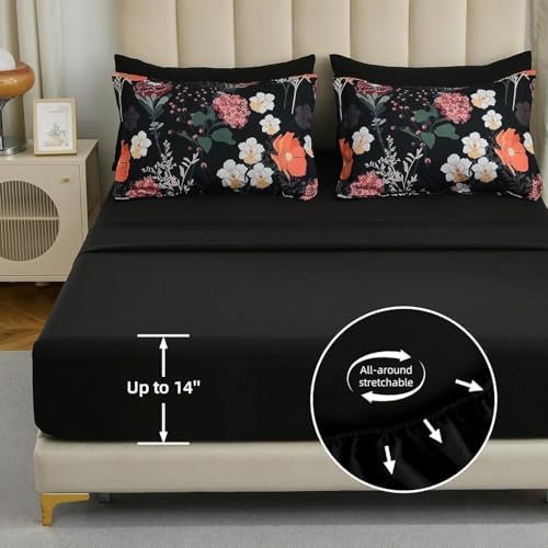 Full Size Comforter Set,Dark Black Red Floral Bedding Comforter Set 7 Piece