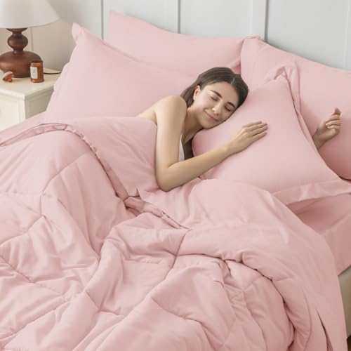 JOLLYVOGUE Twin XL Comforter Set, Ultra-Soft Bed in a Bag Twin XL Size 5 Pieces, Oeko-TEX Certified Bedding Set with Down Alternative Comforter, Sheets, Pillowcases & Shams, Blush Pink