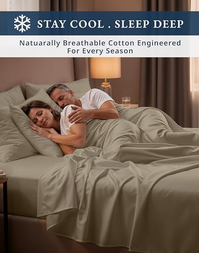 LANE LINEN Cooling Sheets Full Size Sateen Weave - Taupe Swiss Dot