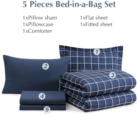 Plaid Twin XL Comforter Set Dark Blue 5 Pieces College Dorm Bed in a Bag