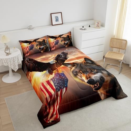 Manfei 3D Wolf Comforter Set Full Size Eagle and American Flag Print Quilt Set Animal Theme Bedding Comforters 3pcs for Kids Boys Teens Room Decor, Sunset Landscape Duvet Insert with 2 Pillowcases