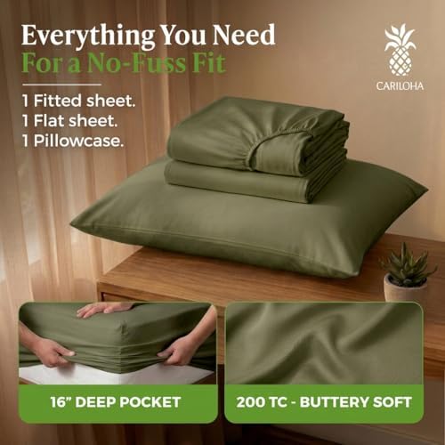 Cariloha Aloha Soft 3-Piece Sheet Set | Coastal Pine | Twin | Made from 100% Viscose derived from Bamboo | Introductory Sheet Line