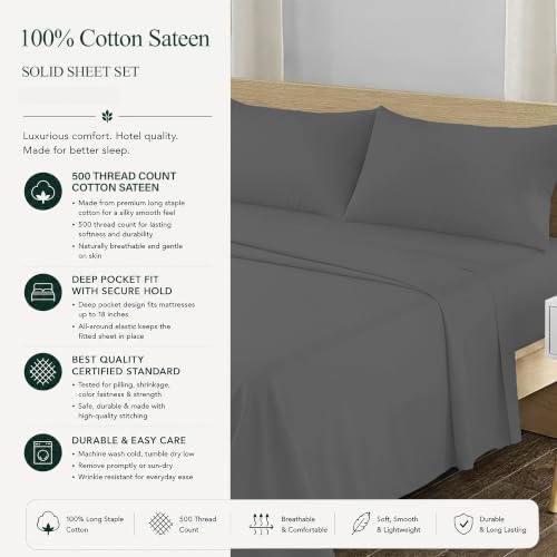 Feather & Stitch 100% Cotton Sateen 500 TC Split King Size Bed Sheet Set