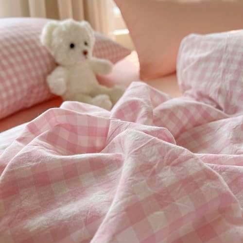 LifeTB Pink Gingham Comforter Set Twin XL Aesthetic Pink White Plaid Checkered Comforter Set 3 Pieces Grid Bedding Comforter with 2 Pillowcases Soft Lightweight Gingham Bedding Set Twin XL