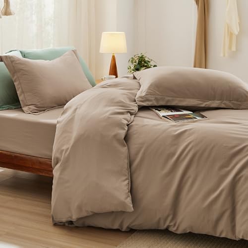 Bedsure Prewashed California King Duvet Cover & Fitted Sheet, Light Brown