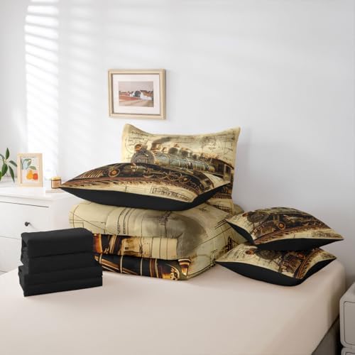 Erosebridal 7 Pieces Vintage Steam Train Bed in A Bag Twin Retro Train Comforter Set with Sheets Transportation Vehicle Bedding Set for Kids Boys Teens Men Steampunk Industrial Aesthetic Bed Sets