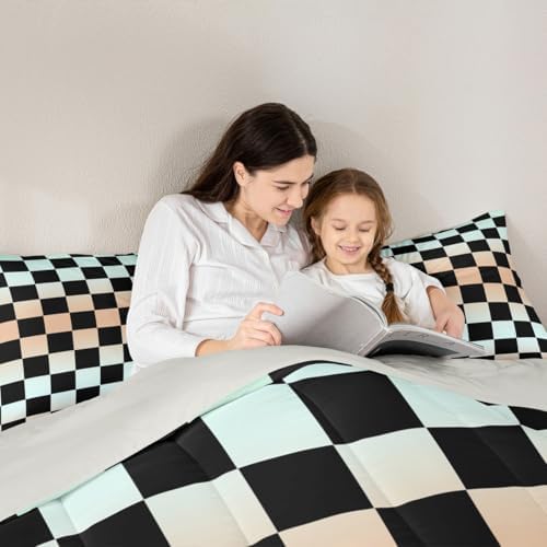 Checkered Geometric Bedding Set for Boys Girls Gradient Teal Blue Plaid Comforter Set King Size Checkerboard Modern Aesthetic Duvet Quilt Reversible Grey Bedroom Decor 3 Pcs with 2 Pillow Cases