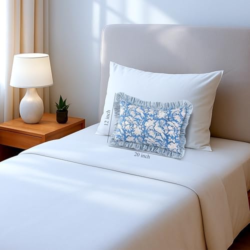 CPC Block Print Blue Sapphire Ruffle Cotton Lumbar Pillow Cover 12x20 inch