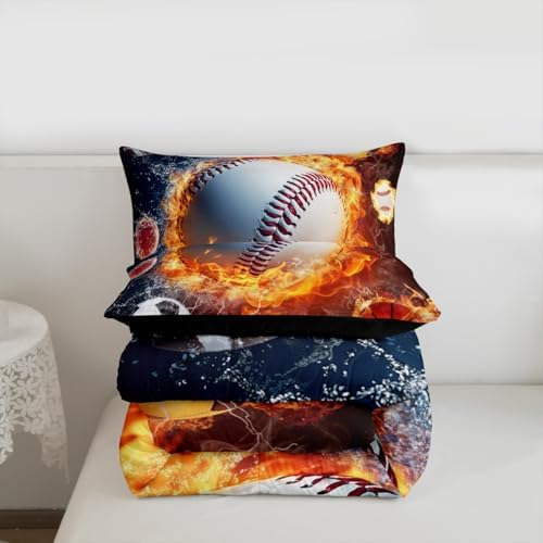Erosebridal Kids Baseball Bedding Set for Boys King Teen Sports Baseball Comforter Set Football Soccer Bedding Comforters,Lightning Basketball Quilt Duvet Red Blue Water Fire Decor All Season 3 Pcs