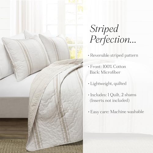 Lush Decor Farmhouse Stripe Reversible Cotton Quilt Queen Size 3 Piece Set Full/Queen Neutral - Farmhouse Bedding Set Queen Quilt - Striped Bedding