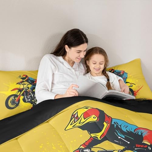 Feelyou Bright Yellow Motocross Kids Comforter Set King Colorful Rider Bedding Set Splatter Print Duvet Quilt for Kids Boys Girls Bedroom Off-Road Racing Decor Dirt Bike Ultra Soft Breathable