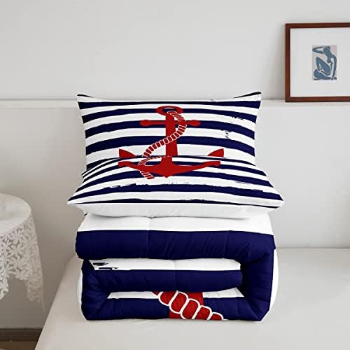 Castle Fairy Kids Nautical Anchor Comforter Set Full Size,Navy Blue Stripes Bedding Sets 3pcs Ocean Adventure Theme Quilted Duvet for Teens Men Bedroom Decoration,Modern with 2 Pillowcases