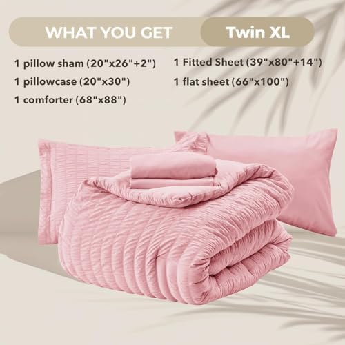 HYMOKEGE Pink Twin XL Comforter Set Seersucker 5 Pieces, All Season Luxury Bed in a Bag for Bedroom, Bedding Set with Comforter, Sheets, Pillowcase & Sham